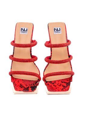 Ninety Union Angel Red Snake-Print Triple Glitter Strap Wedge Sandal. Sz: 7